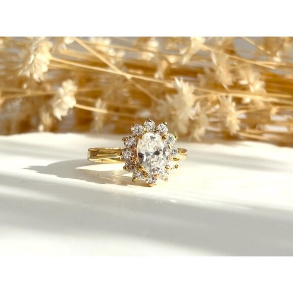 Sterling Silver Gilt Halo Sunray Cubic Zirconia Gemstone Vintage Ring - sz 7 - Picture 8 of 8